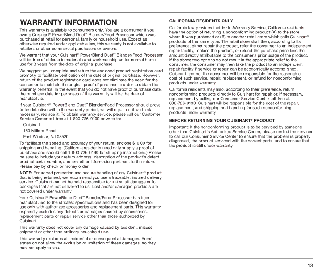 Cuisinart BFP-10 Series manual Warranty Information, California Residents only 