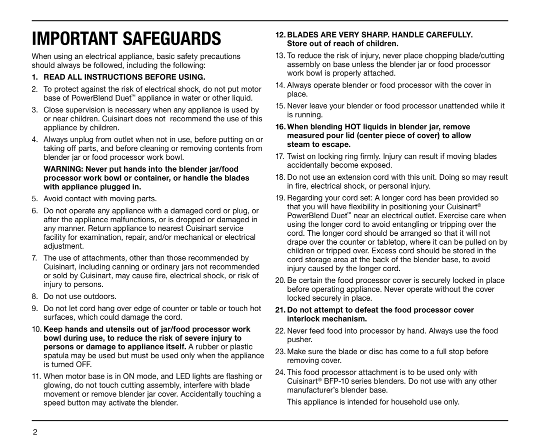 Cuisinart BFP-10 Series manual Important Safeguards, Read ALL Instructions Before Using 