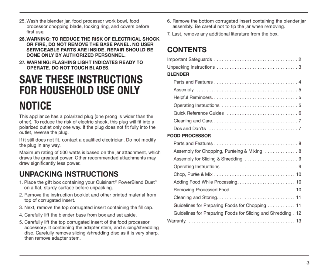 Cuisinart BFP-10 Series manual Unpacking Instructions, Contents 