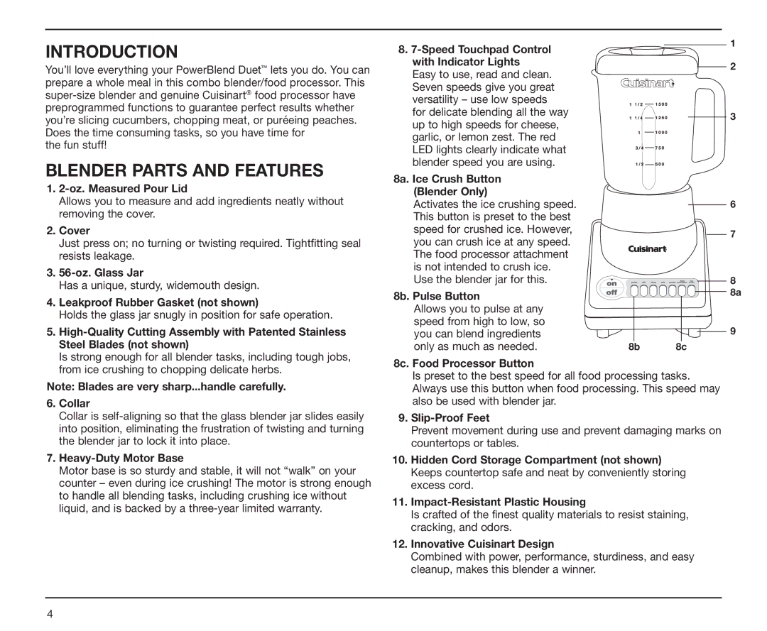 Cuisinart BFP-10 Series manual Introduction, Blender Parts and Features 