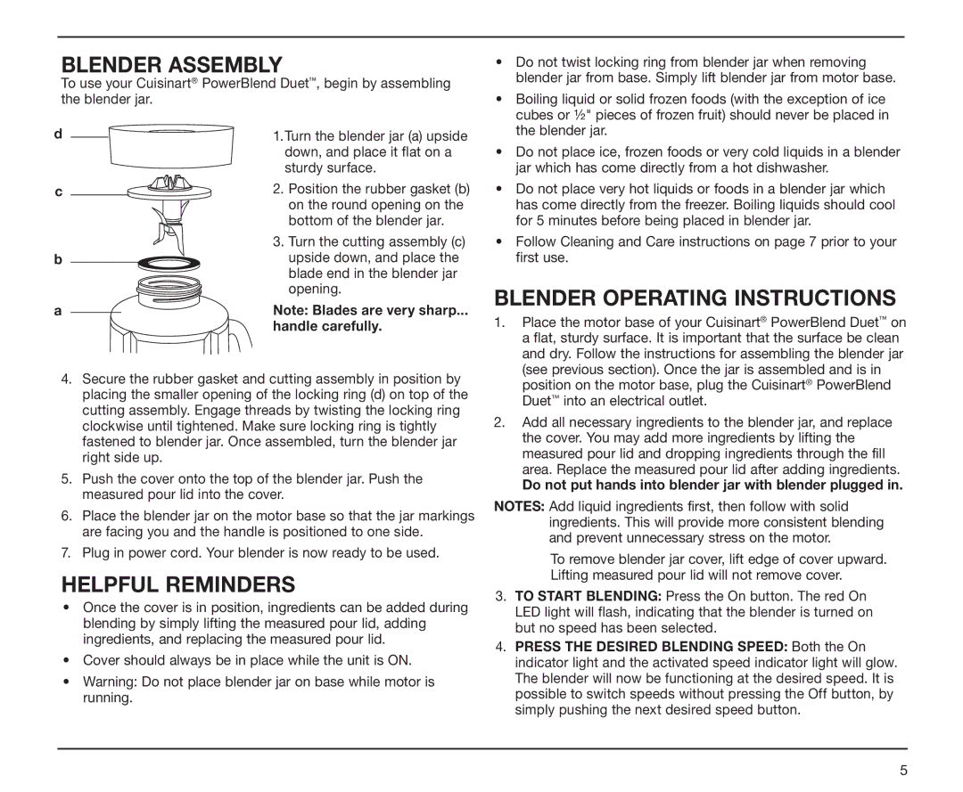 Cuisinart BFP-10 Series manual Blender Assembly, Handle carefully, Do not put hands into blender jar with blender plugged 