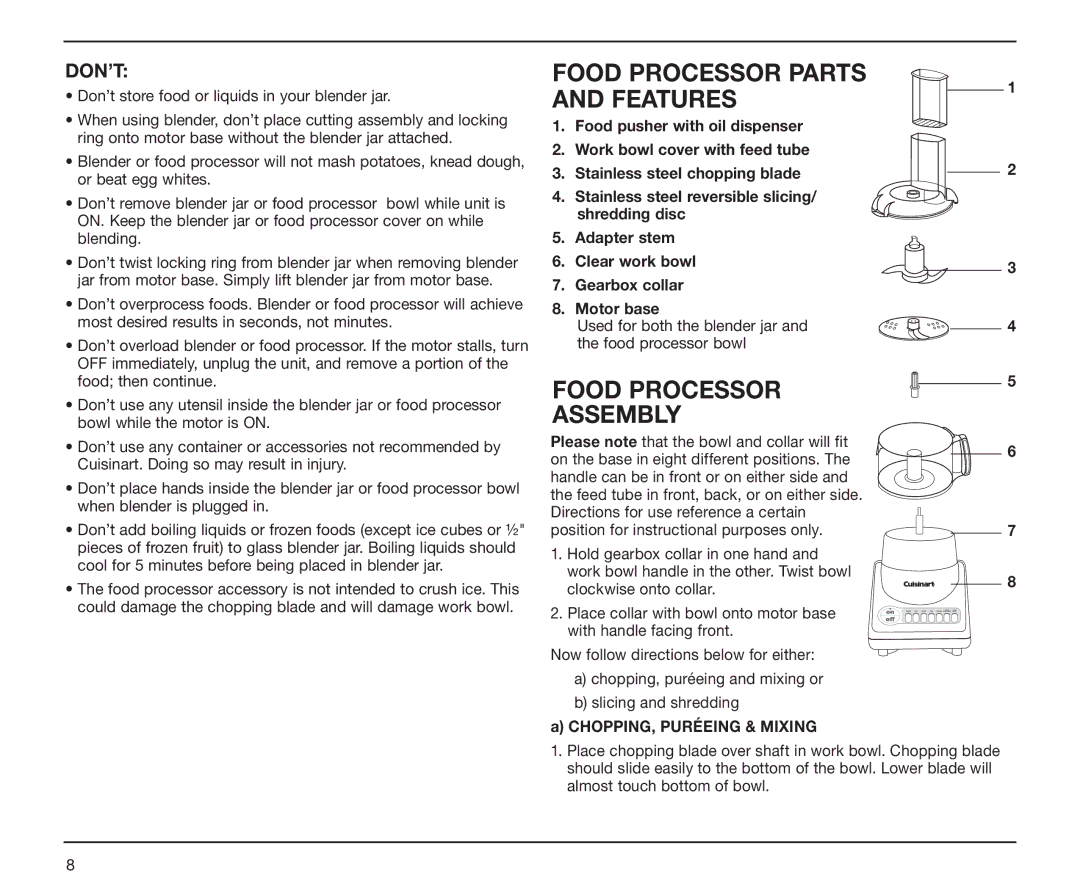 Cuisinart BFP-10 Series manual Food Processor Parts Features, Food Processor Assembly, Chopping, PurÉeing & Mixing 