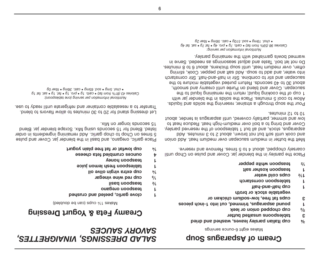Cuisinart BFP-10 manual Dressing Yogurt & Feta Creamy, VINAIGRETTES, DRESSINGS, Salad, Soup Asparagus of Cream 