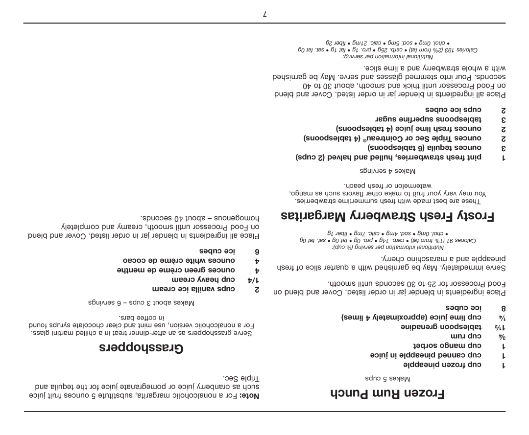 Cuisinart BFP-10 manual Grasshoppers, Margaritas Strawberry Fresh Frosty, Punch Rum Frozen 