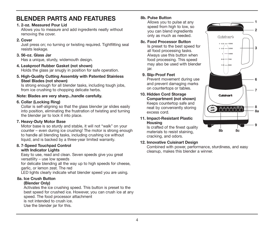 Cuisinart BFP-10 manual Blender Parts and Features 