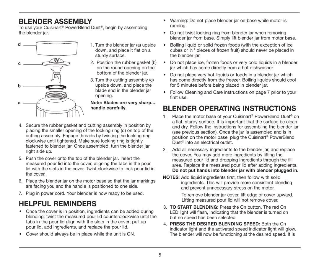 Cuisinart BFP-10 manual Blender Assembly, Helpful Reminders, Blender Operating Instructions, Handle carefully 