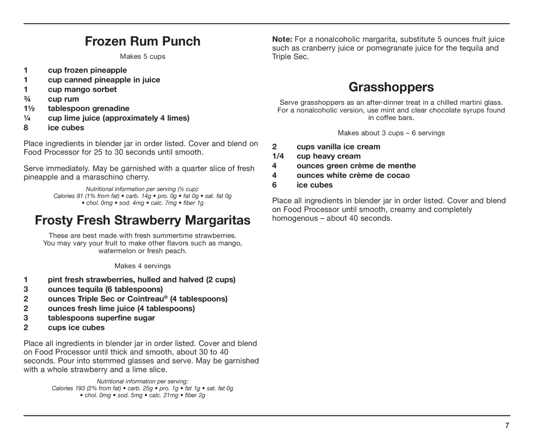 Cuisinart BFP-10CH manual Frozen Rum Punch, Frosty Fresh Strawberry Margaritas, Grasshoppers 