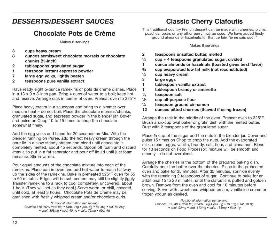 Cuisinart BFP-10CH manual DESSERTS/DESSERT Sauces, Chocolate Pots de Crème, Classic Cherry Clafoutis 