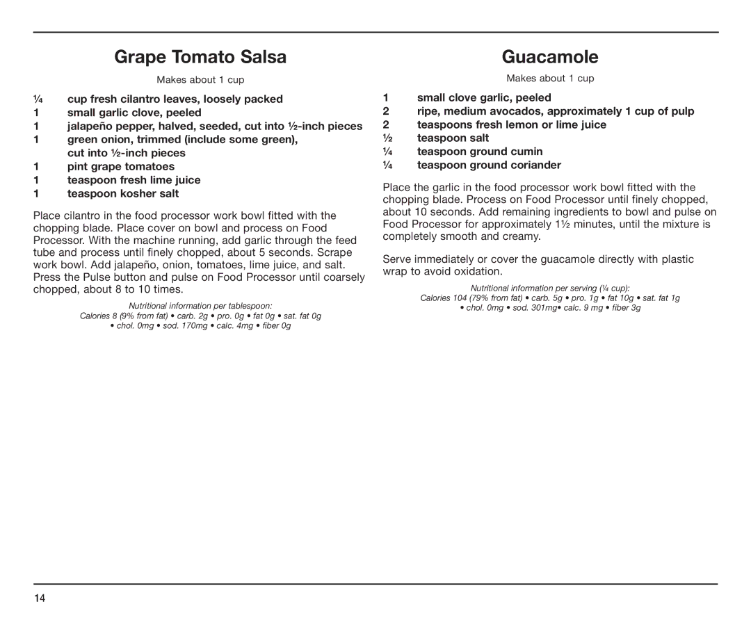 Cuisinart BFP-10CH manual Grape Tomato Salsa, Guacamole 