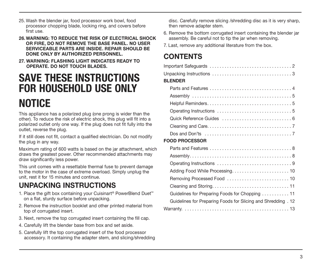 Cuisinart BFP-10CH manual Unpacking Instructions, Contents 