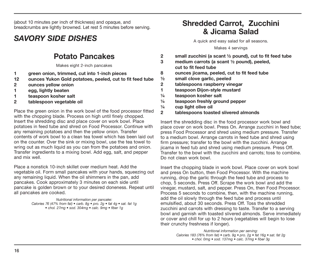 Cuisinart BFP-10CH manual Savory Side Dishes, Potato Pancakes, Shredded Carrot, Zucchini Jicama Salad 