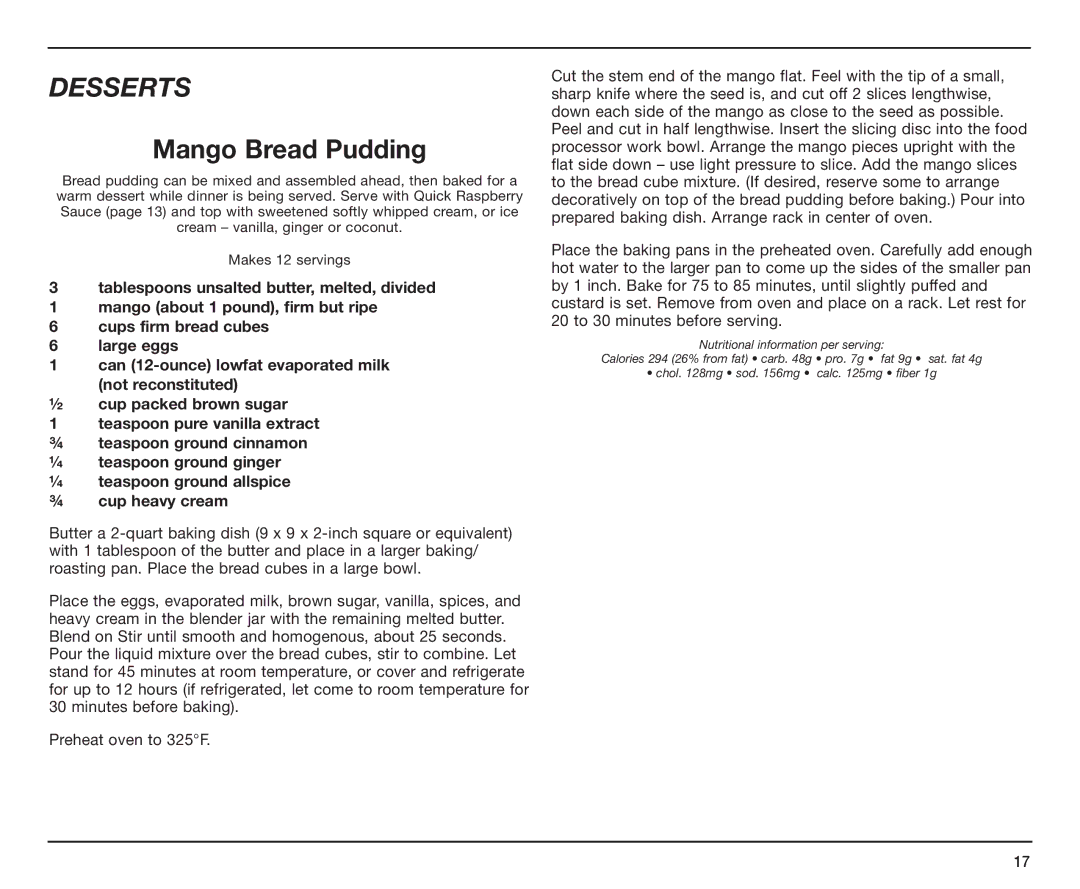 Cuisinart BFP-10CH manual Desserts, Mango Bread Pudding 