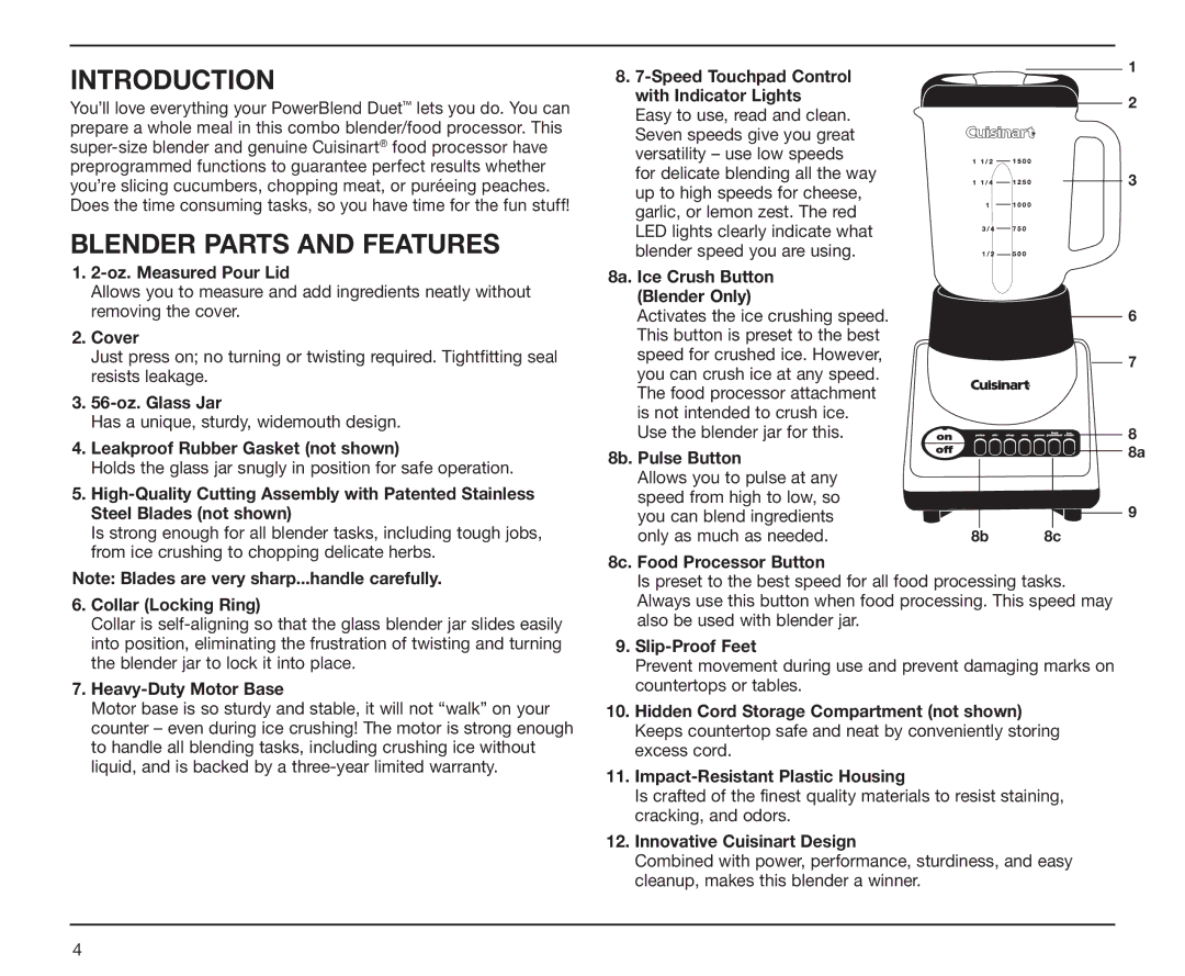 Cuisinart BFP-10CH manual Introduction, Blender Parts and Features 