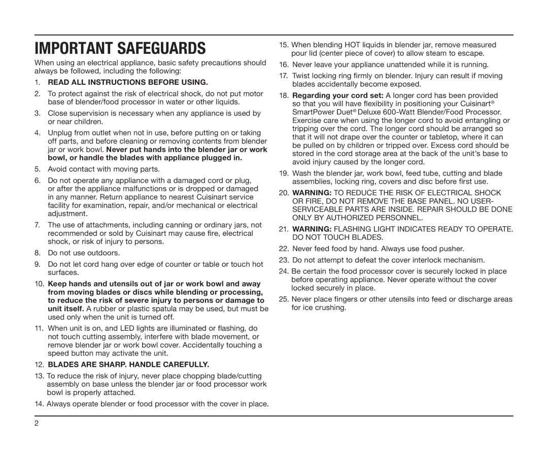 Cuisinart BFP-603 manual Important Safeguards 