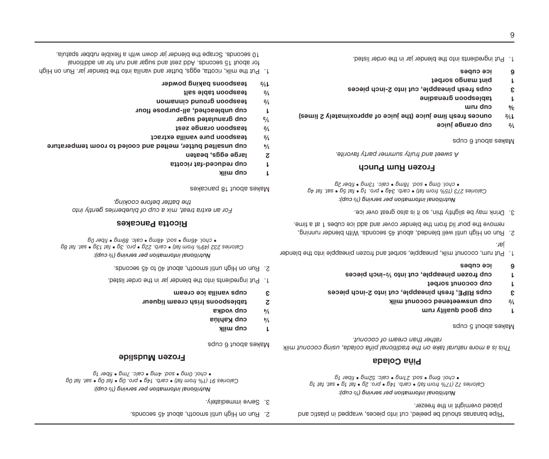 Cuisinart BFP-603 manual Pancakes Ricotta, Mudslide Frozen, Punch Rum Frozen, Colada Piña 