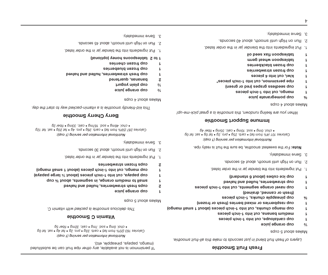 Cuisinart BFP-603 manual Smoothie Cherry Berry, Smoothie C Vitamin, Smoothie Support Immune, Smoothie Fruit Fresh 