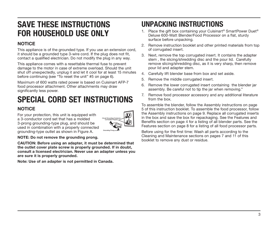 Cuisinart BFP-603 manual Unpacking Instructions, Save These Instructions for Household USE only 