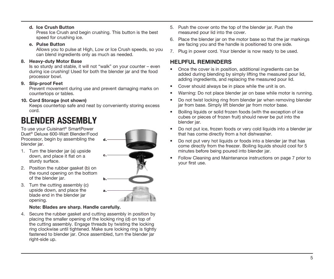 Cuisinart BFP-603 manual Blender Assembly, Helpful Reminders 