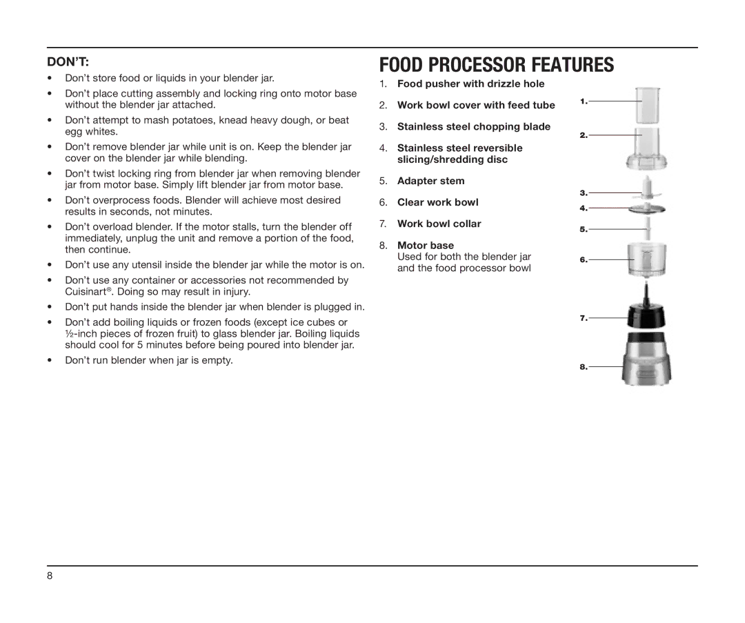 Cuisinart BFP-603 manual Food Processor Features, Don’T 