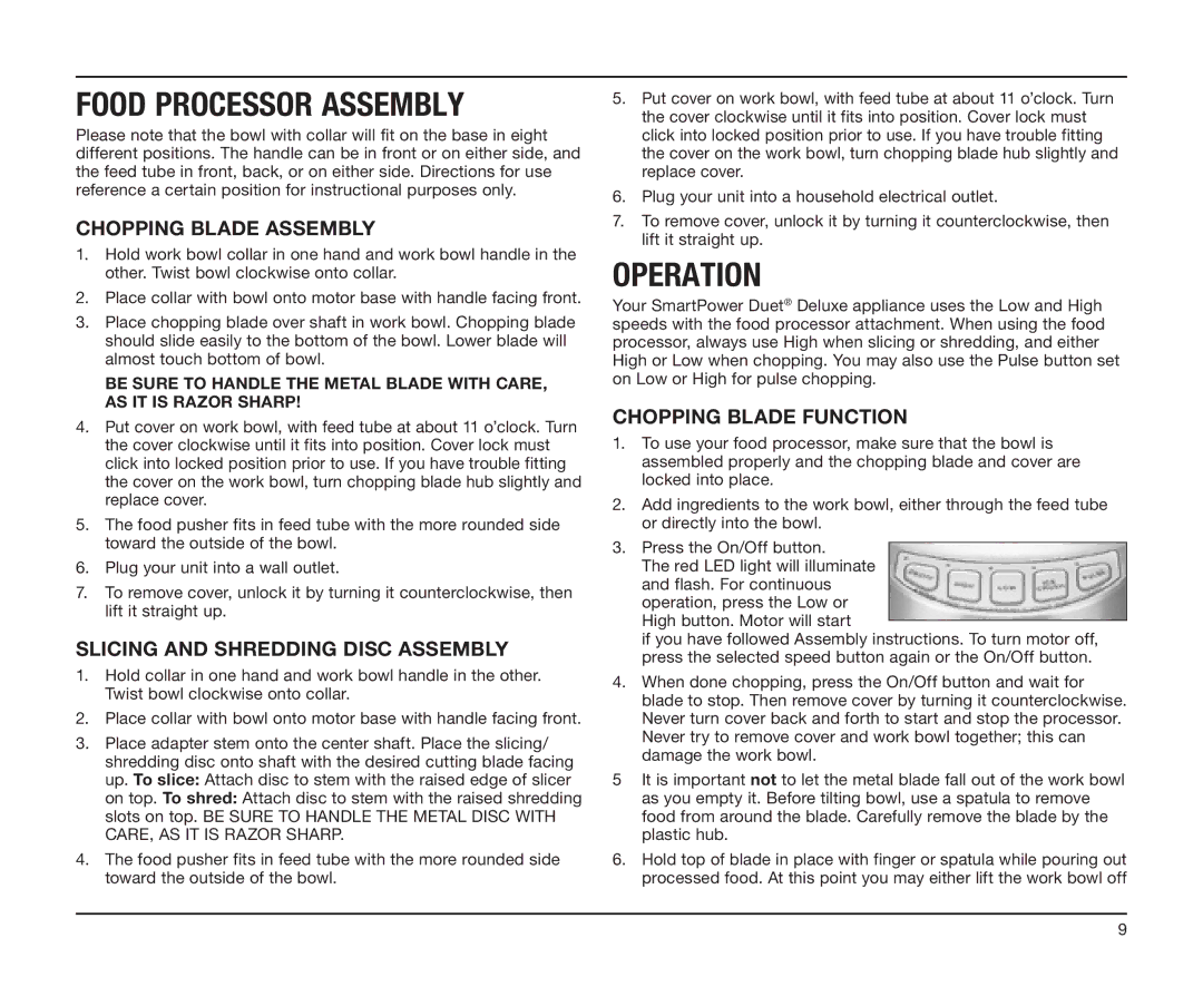 Cuisinart BFP-603 manual Food Processor Assembly, Operation, Chopping Blade Assembly, Slicing and Shredding Disc Assembly 