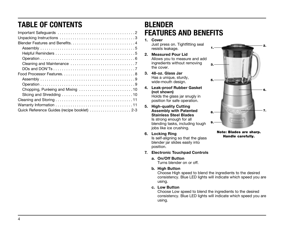 Cuisinart BFP-603 Blender, Features And Benefits, Table Of Contents, Cover, Measured Pour Lid, 48-oz. Glass Jar, not shown 