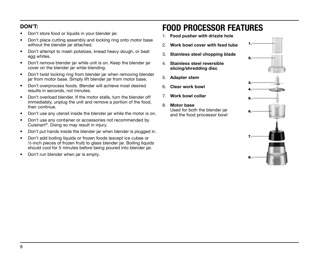 Cuisinart BFP-603 manual Food Processor Features, Don’T, Food pusher with drizzle hole, Work bowl cover with feed tube 
