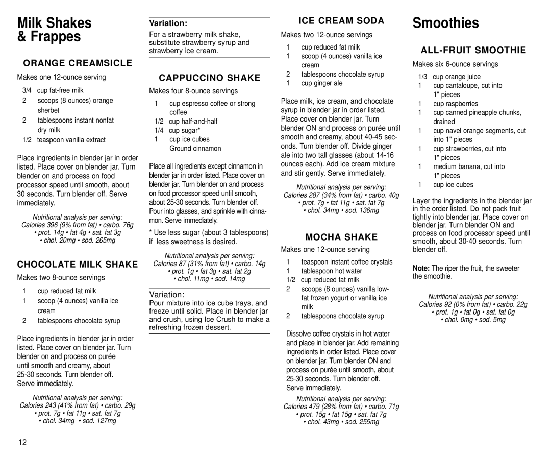 Cuisinart BFP-703 Series manual Milk Shakes Frappes, Smoothies 