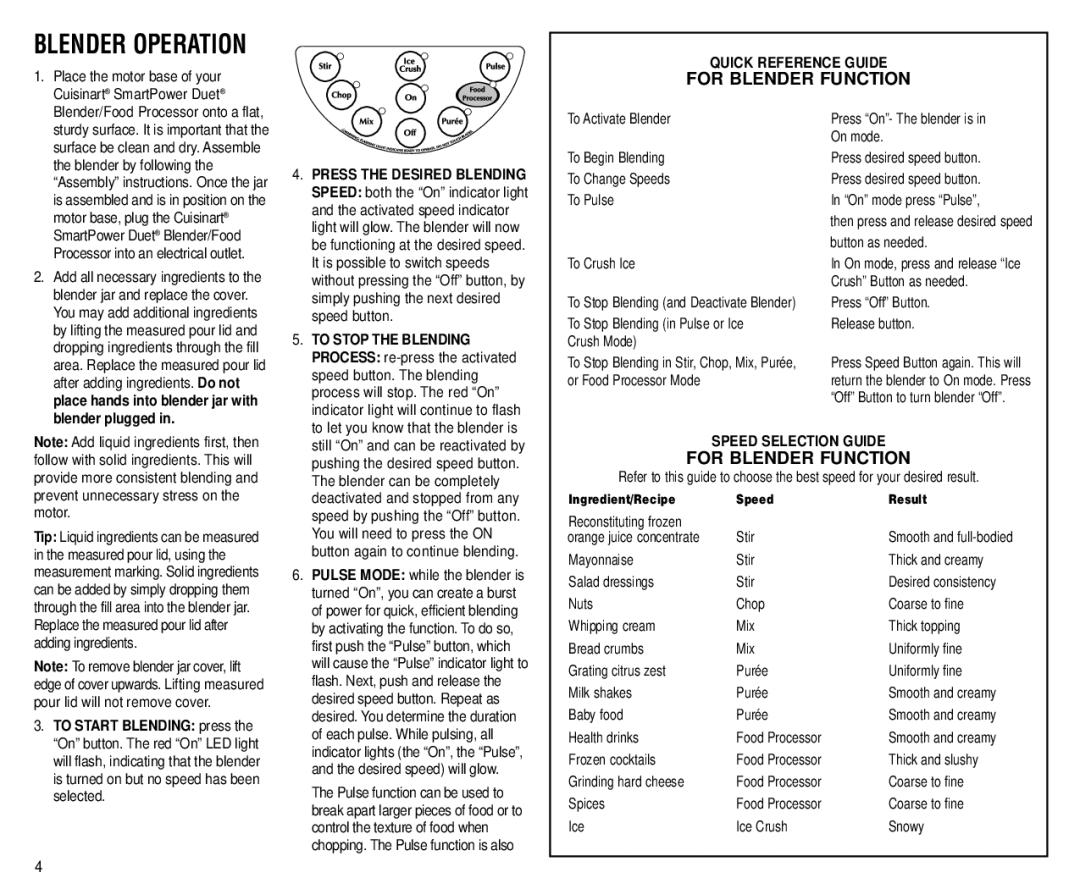 Cuisinart BFP-703 Series manual For Blender Function, Quick Reference Guide, Speed Selection Guide 