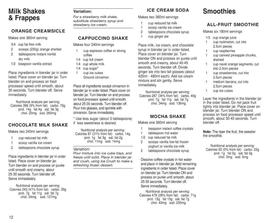 Cuisinart BFP-703A manual Milk Shakes Frappes, Smoothies 