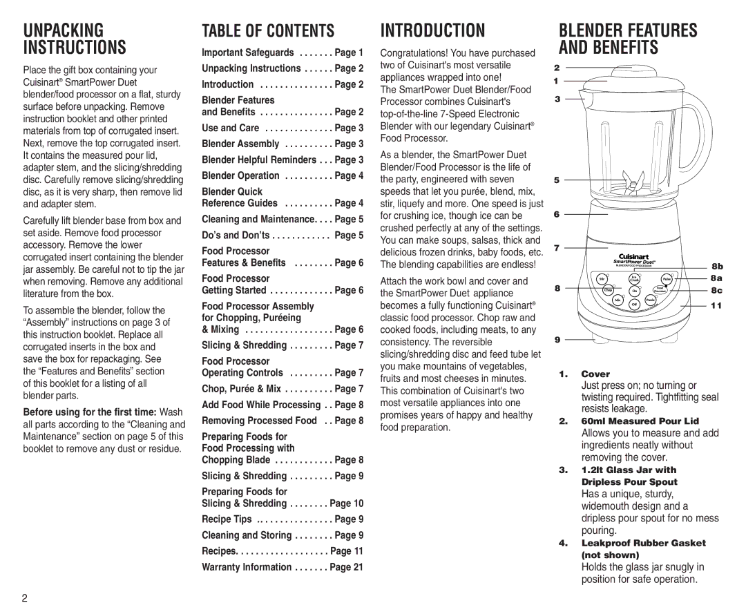 Cuisinart BFP-703A manual Unpacking Instructions, Introduction, Table of Contents 