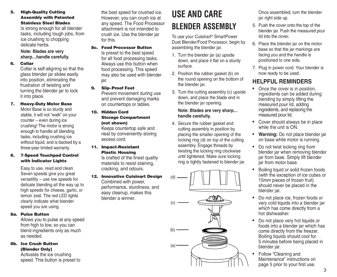 Cuisinart BFP-703A manual Blender Assembly, Helpful Reminders, Activates the ice crushing speed. This button is preset to 