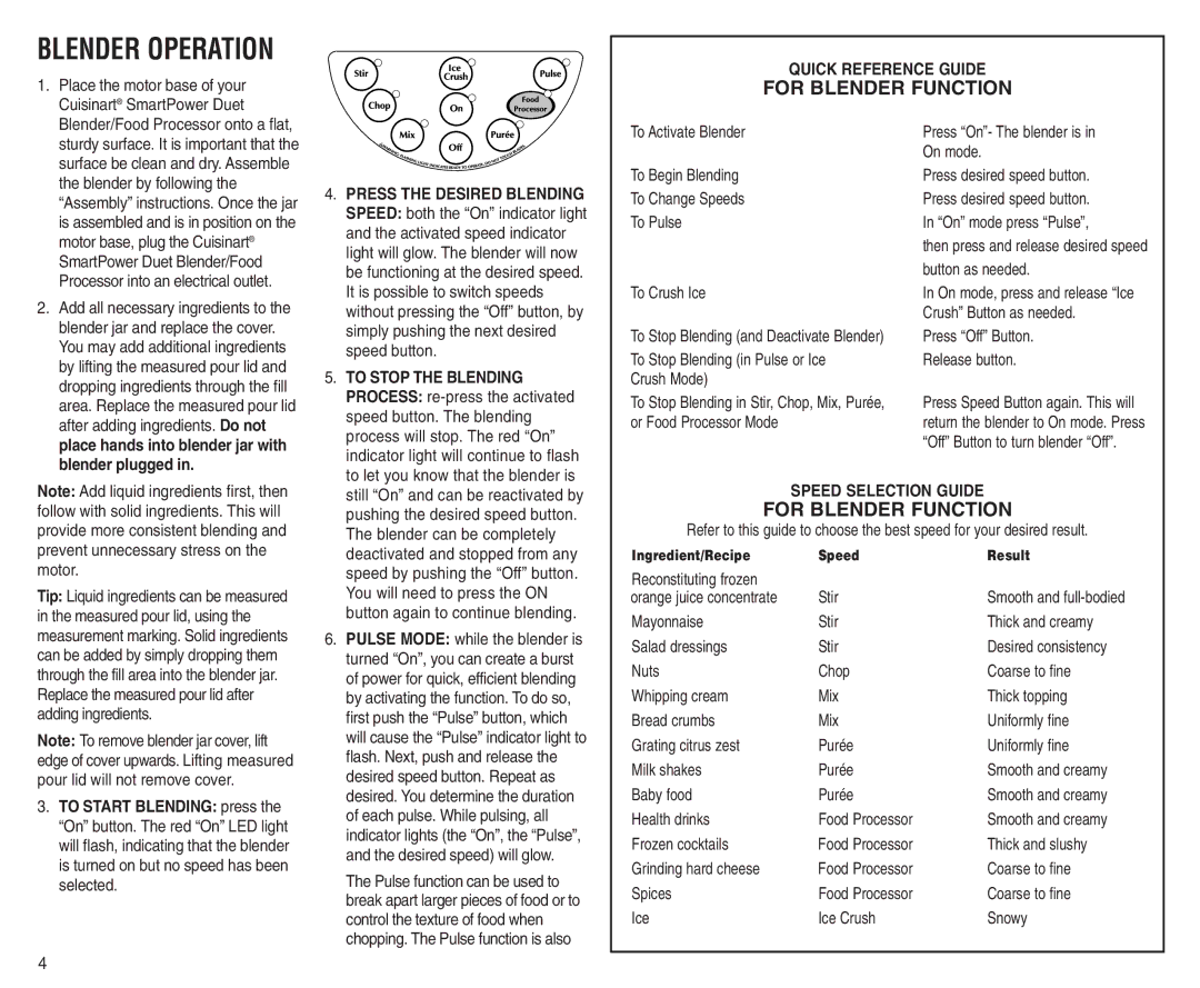 Cuisinart BFP-703A manual For Blender Function, Quick Reference Guide, Speed Selection Guide 