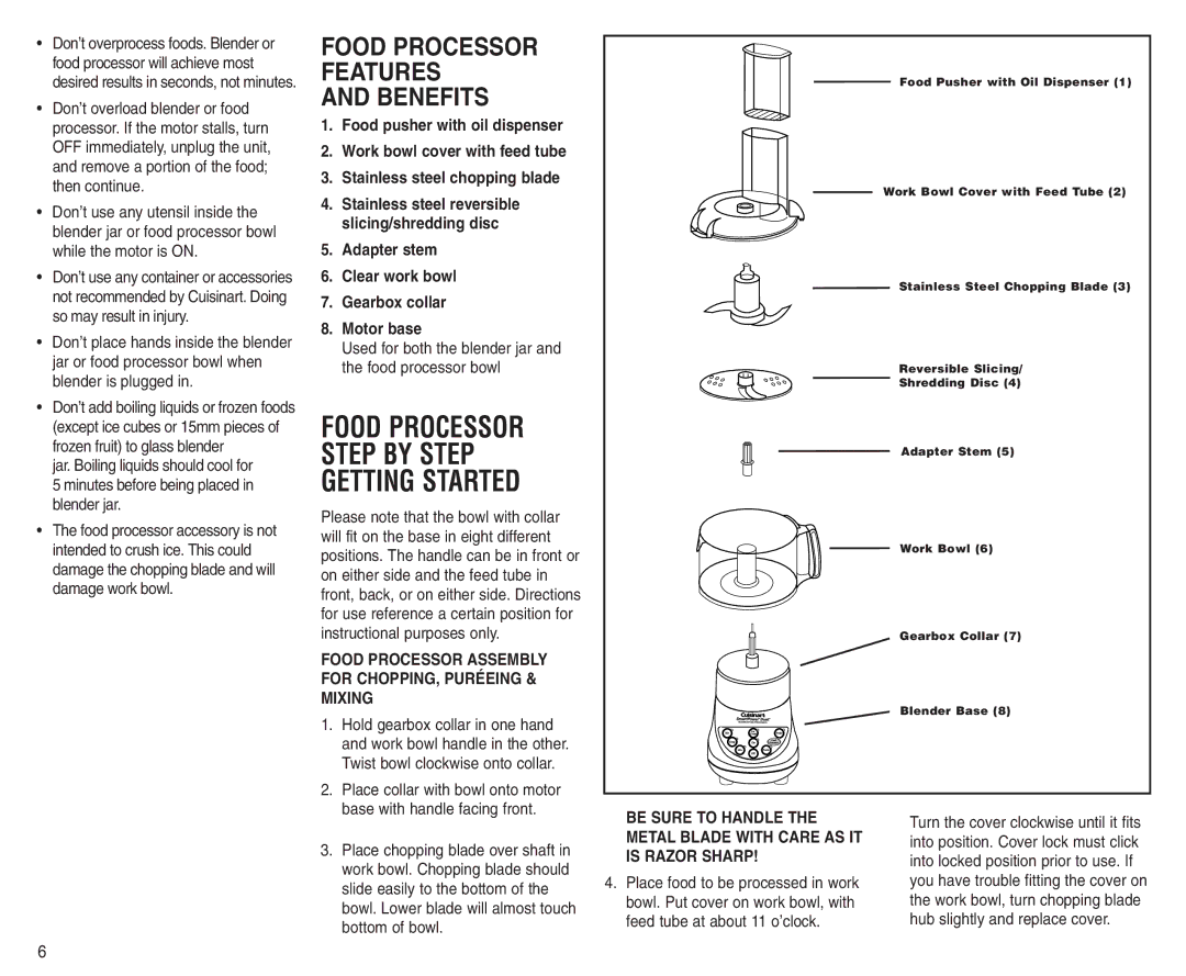 Cuisinart BFP-703A Food Processor Step by Step Getting Started, Adapter stem Clear work bowl Gearbox collar Motor base 