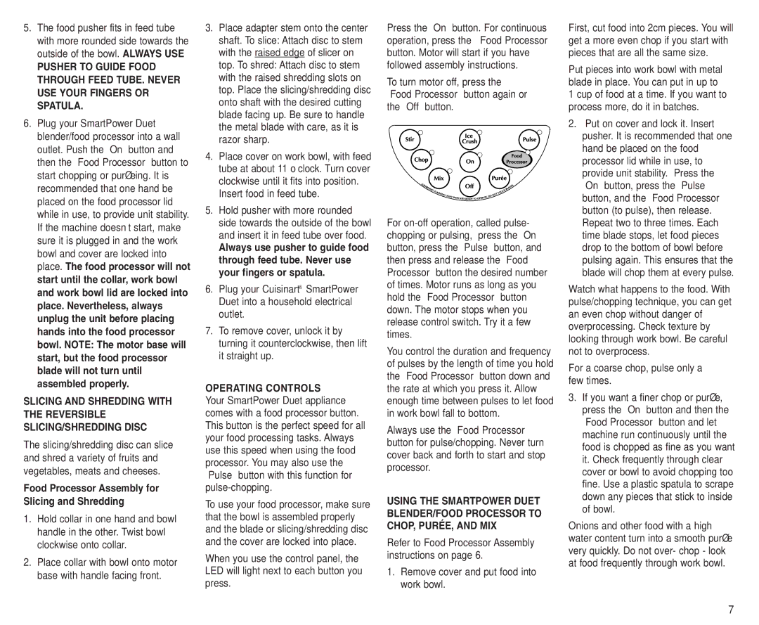 Cuisinart BFP-703A manual Food Processor Assembly for Slicing and Shredding, Insert food in feed tube, Operating Controls 