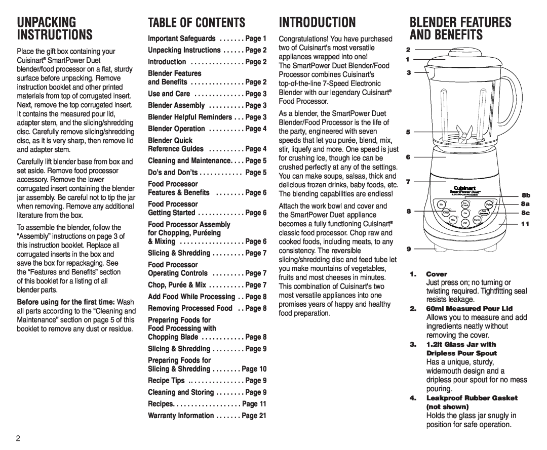 Cuisinart BFP-703A manual Unpacking Instructions, Introduction, Table Of Contents, Blender Features And Benefits 