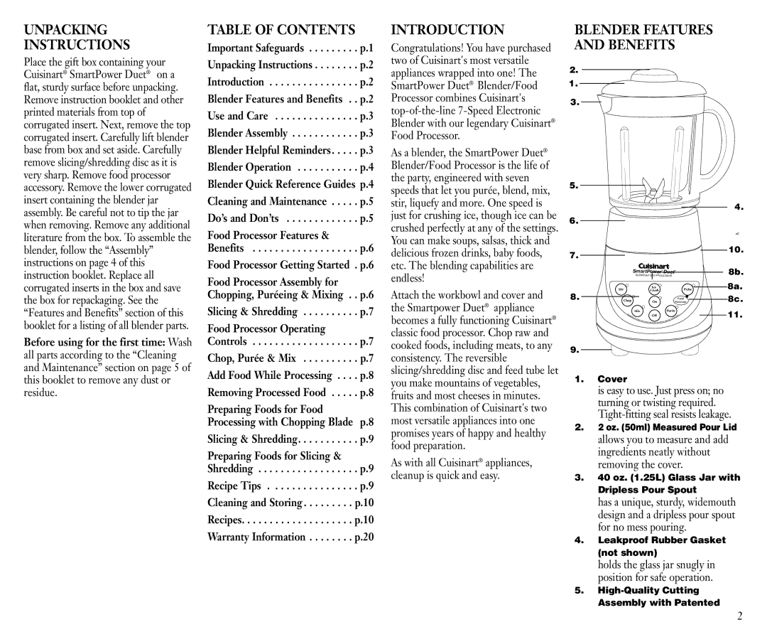 Cuisinart BFP-703C manual Unpacking Instructions, Table of Contents, Introduction, Blender Features and Benefits 