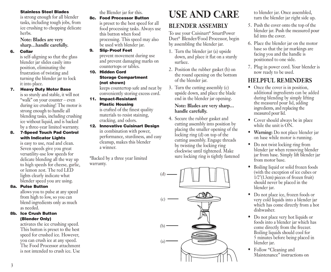 Cuisinart BFP-703C manual Blender Assembly, Helpful Reminders, Winner Backed by a three year limited warranty 