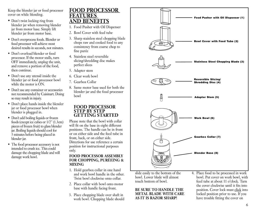 Cuisinart BFP-703C Food Processor Step by Step Getting Started, Food Processor Assembly for CHOPPING, Puréeing & Mixing 