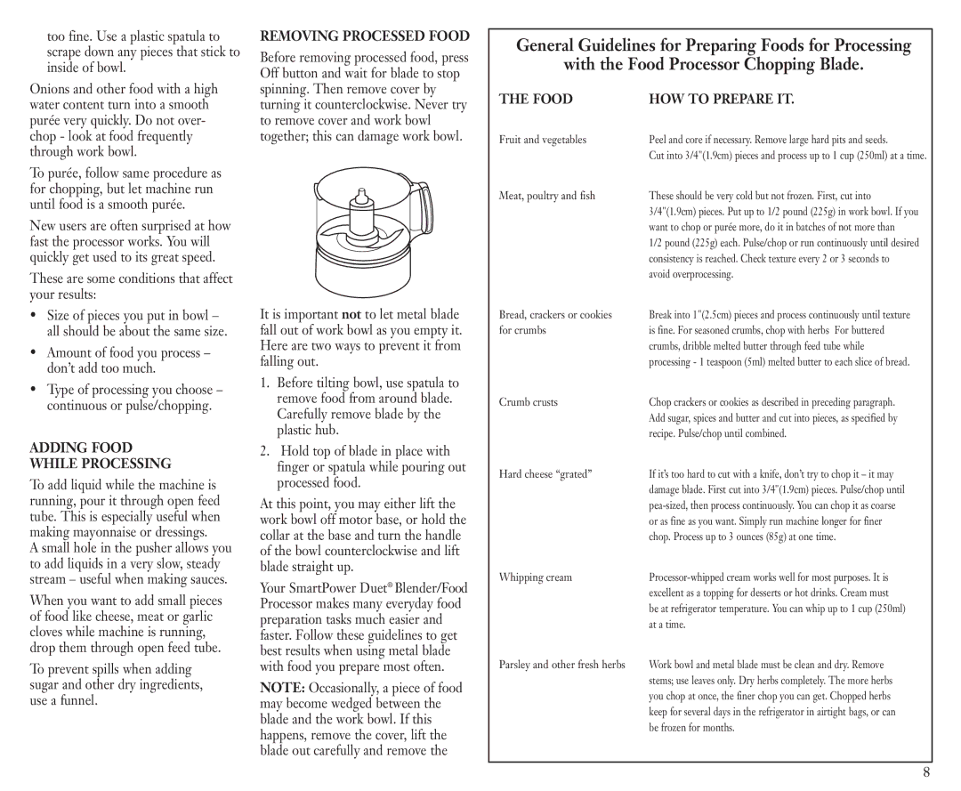 Cuisinart BFP-703C manual Adding Food While Processing, Removing Processed Food, Food HOW to Prepare IT 