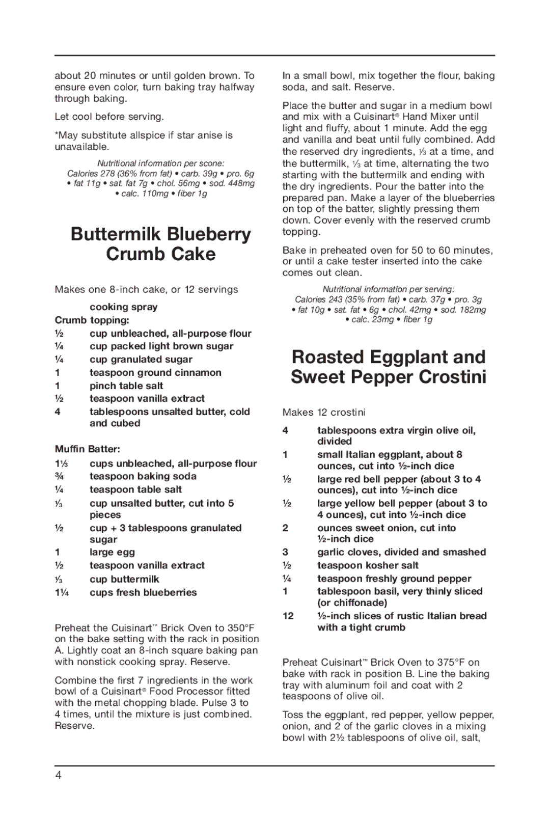 Cuisinart BRK-300 manual Buttermilk Blueberry Crumb Cake, Roasted Eggplant and Sweet Pepper Crostini 