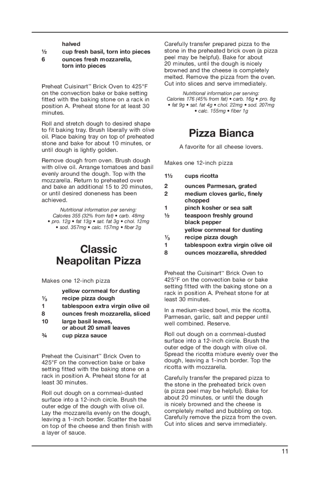 Cuisinart BRK-300 manual Classic Neapolitan Pizza, Pizza Bianca 