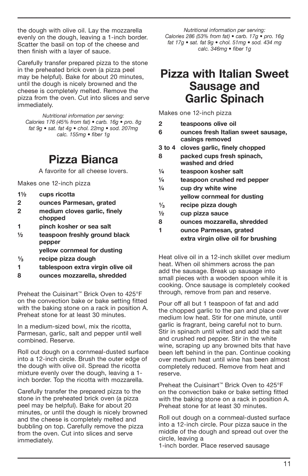 Cuisinart 07CU26323, BRK Series manual Pizza Bianca, Pizza with Italian Sweet Sausage Garlic Spinach 