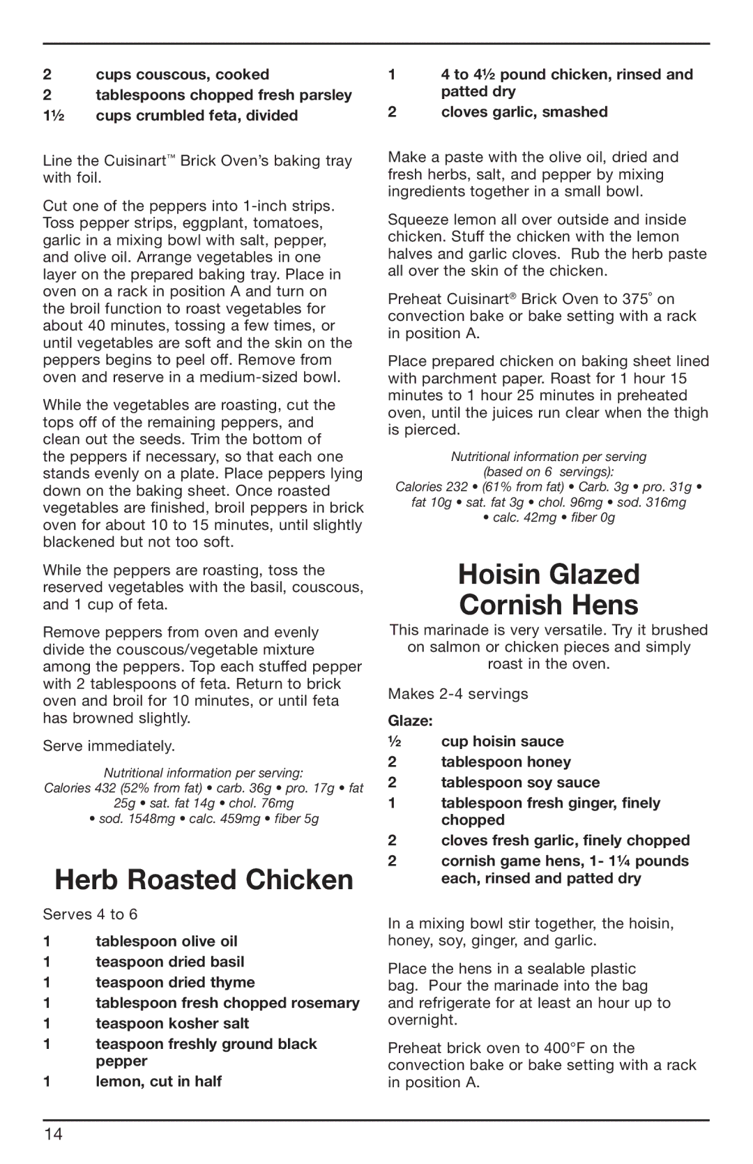 Cuisinart BRK Series, 07CU26323 manual Herb Roasted Chicken, Hoisin Glazed Cornish Hens 