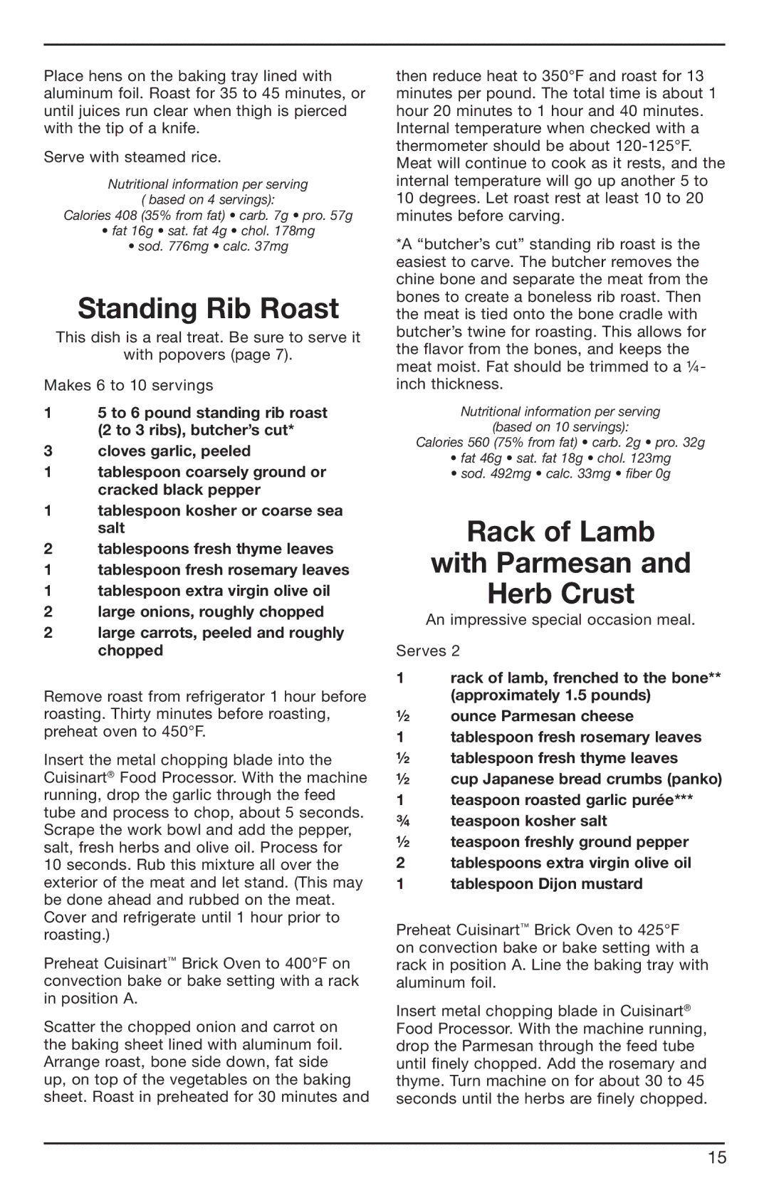 Cuisinart 07CU26323, BRK Series manual Standing Rib Roast, Rack of Lamb With Parmesan Herb Crust 