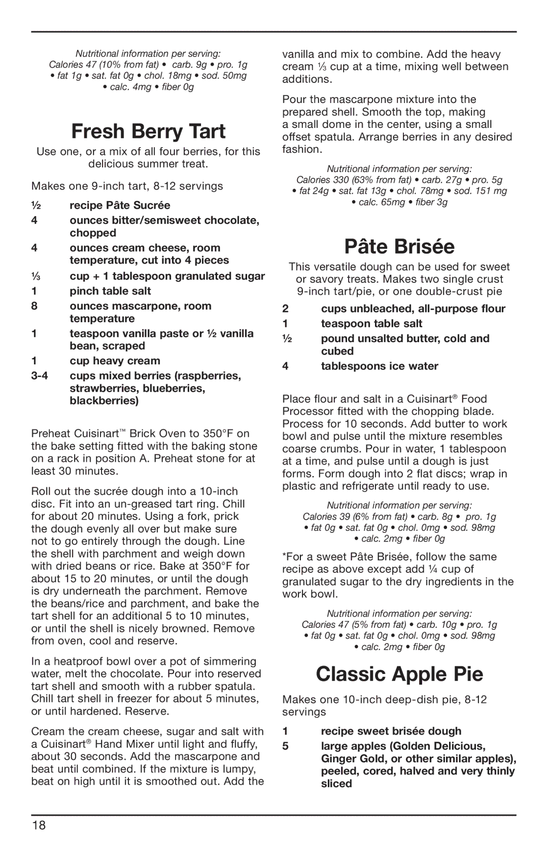 Cuisinart BRK Series, 07CU26323 manual Fresh Berry Tart, Pâte Brisée, Classic Apple Pie 