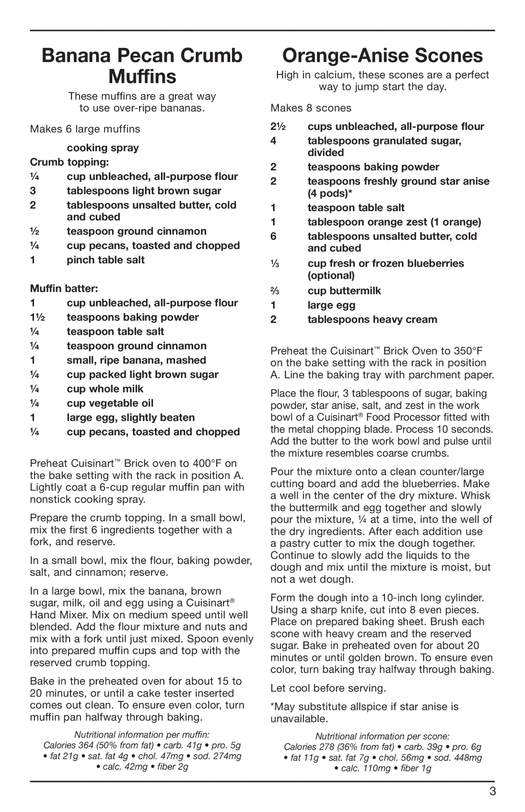 Cuisinart 07CU26323, BRK Series manual Banana Pecan Crumb Muffins, Orange-Anise Scones 