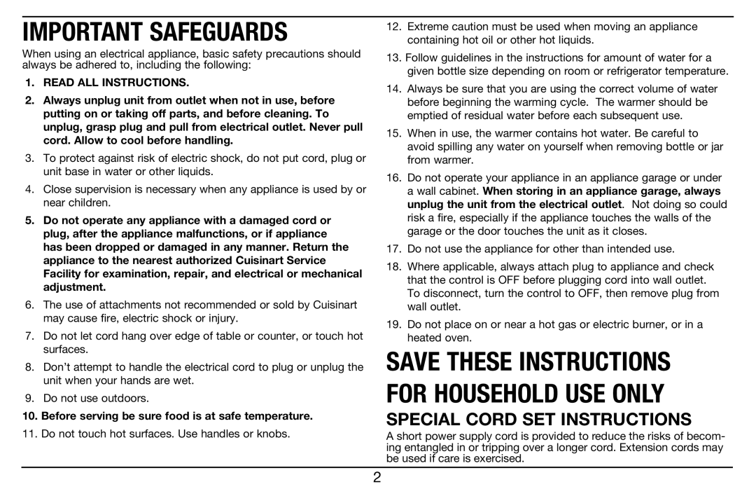 Cuisinart BW-10 manual Special Cord SET Instructions, Before serving be sure food is at safe temperature 