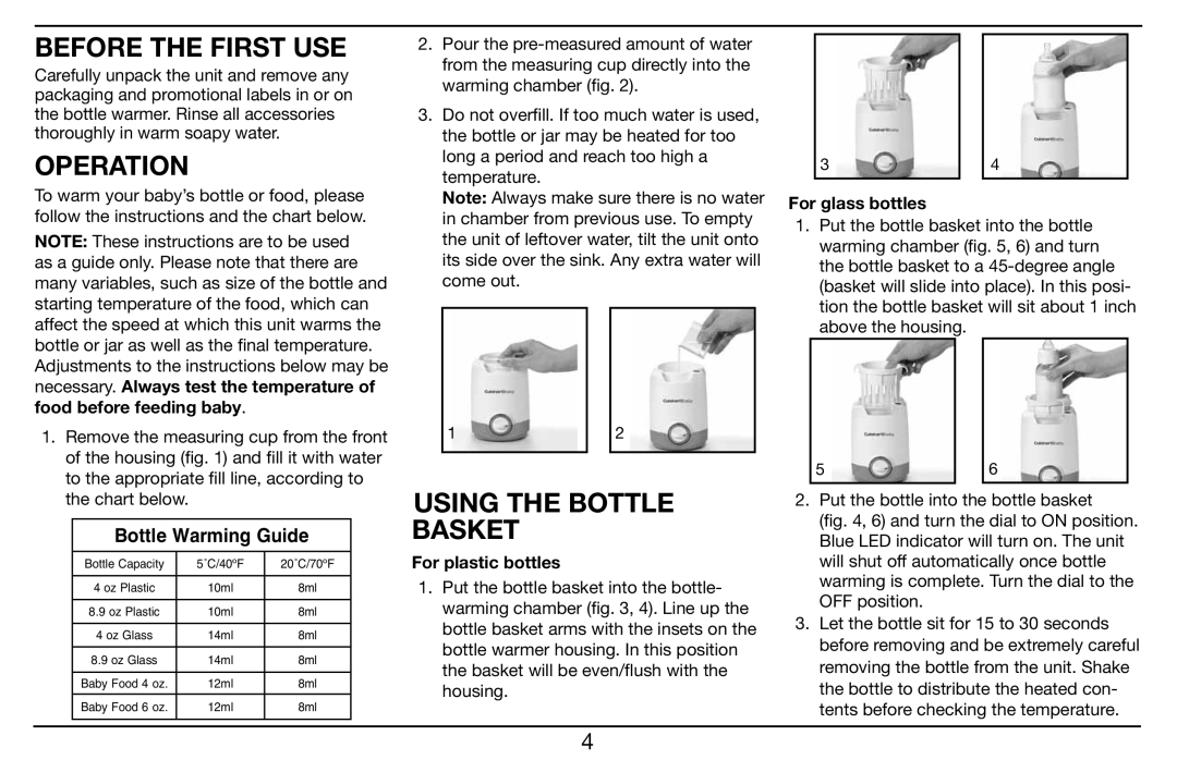 Cuisinart BW-10 manual Before the First USE, Operation, Using the Bottle Basket, For plastic bottles, For glass bottles 