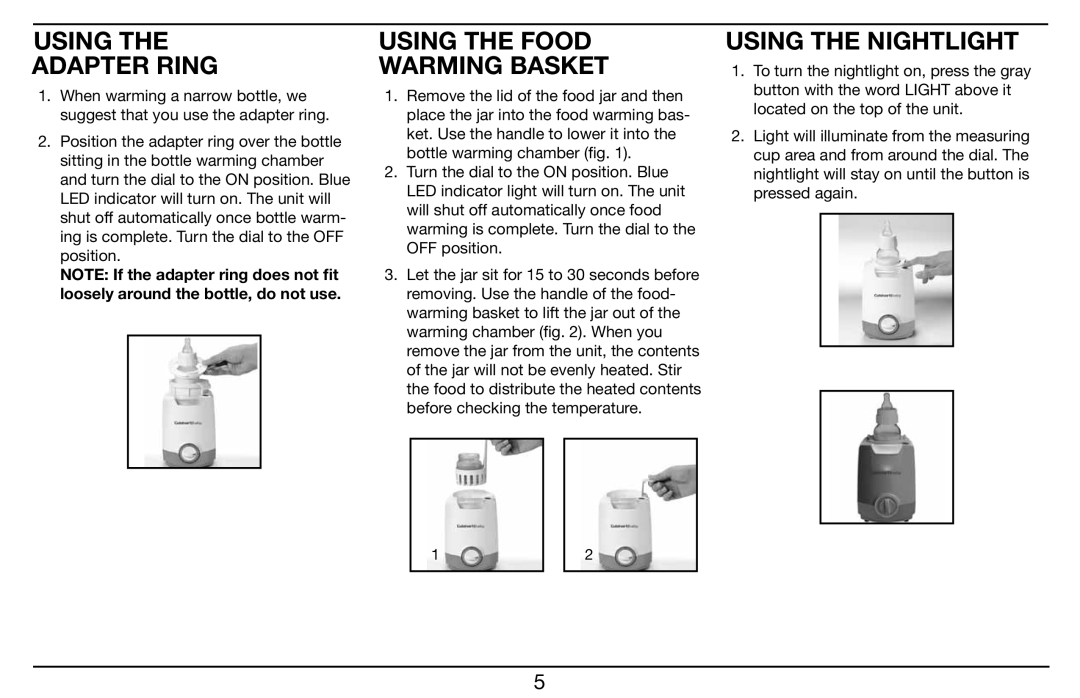 Cuisinart BW-10 manual Using Adapter Ring, Using the Food Warming Basket, Using the Nightlight 