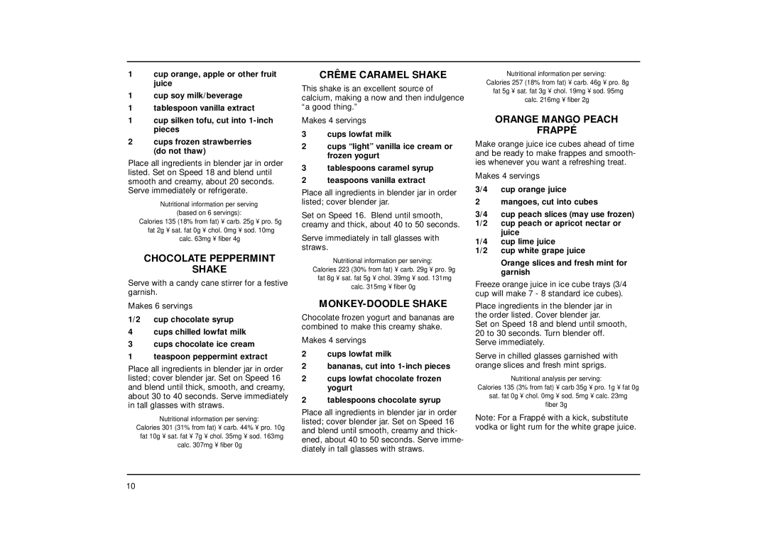 Cuisinart CB-18 Series Chocolate Peppermint Shake, Crême Caramel Shake, MONKEY-DOODLE Shake, Orange Mango Peach Frappé 